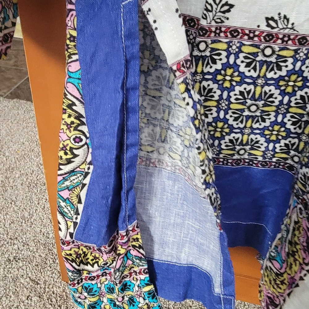Chico's Linen Open Cardigan XL/16 3 Boho Patchwork Blue Green - Picture 5 of 5